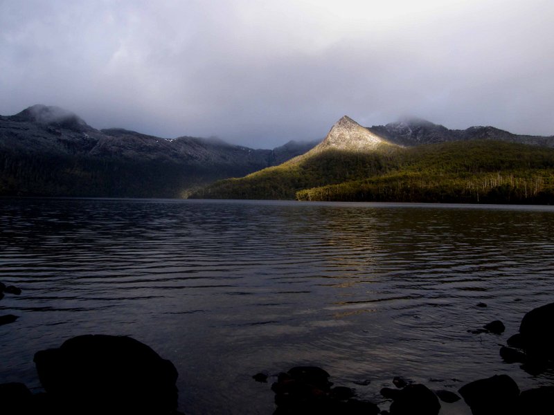 Sunlight On Peaks From Lake Rufus.JPG